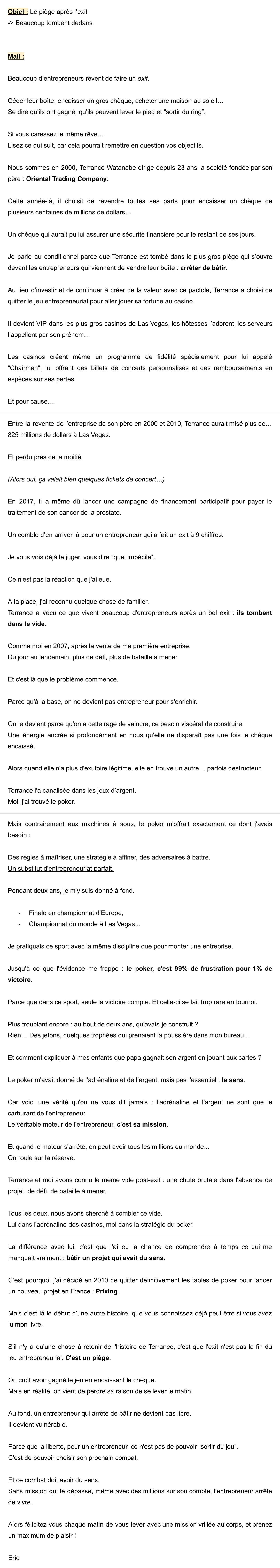 Email d'Éric Larchevêque, document source complet, la parabole de Terrance Watanabe
